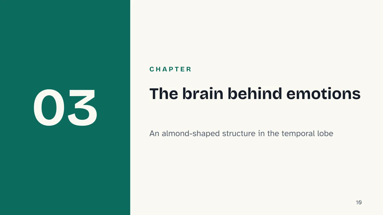 Slide 10 of the presentation on Human emotions: Chapter 03: The brain behind emotions