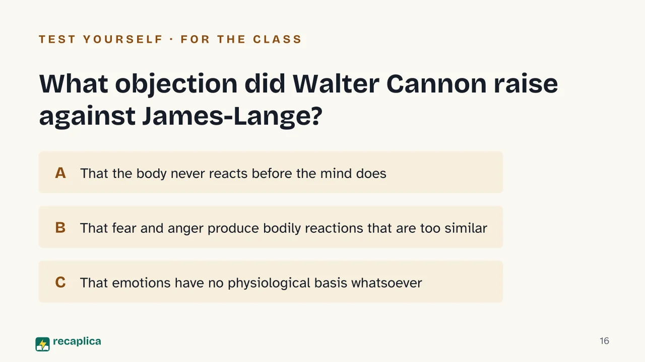 Slide 16 of the presentation on Human emotions: What objection did Walter Cannon raise against James-Lange?