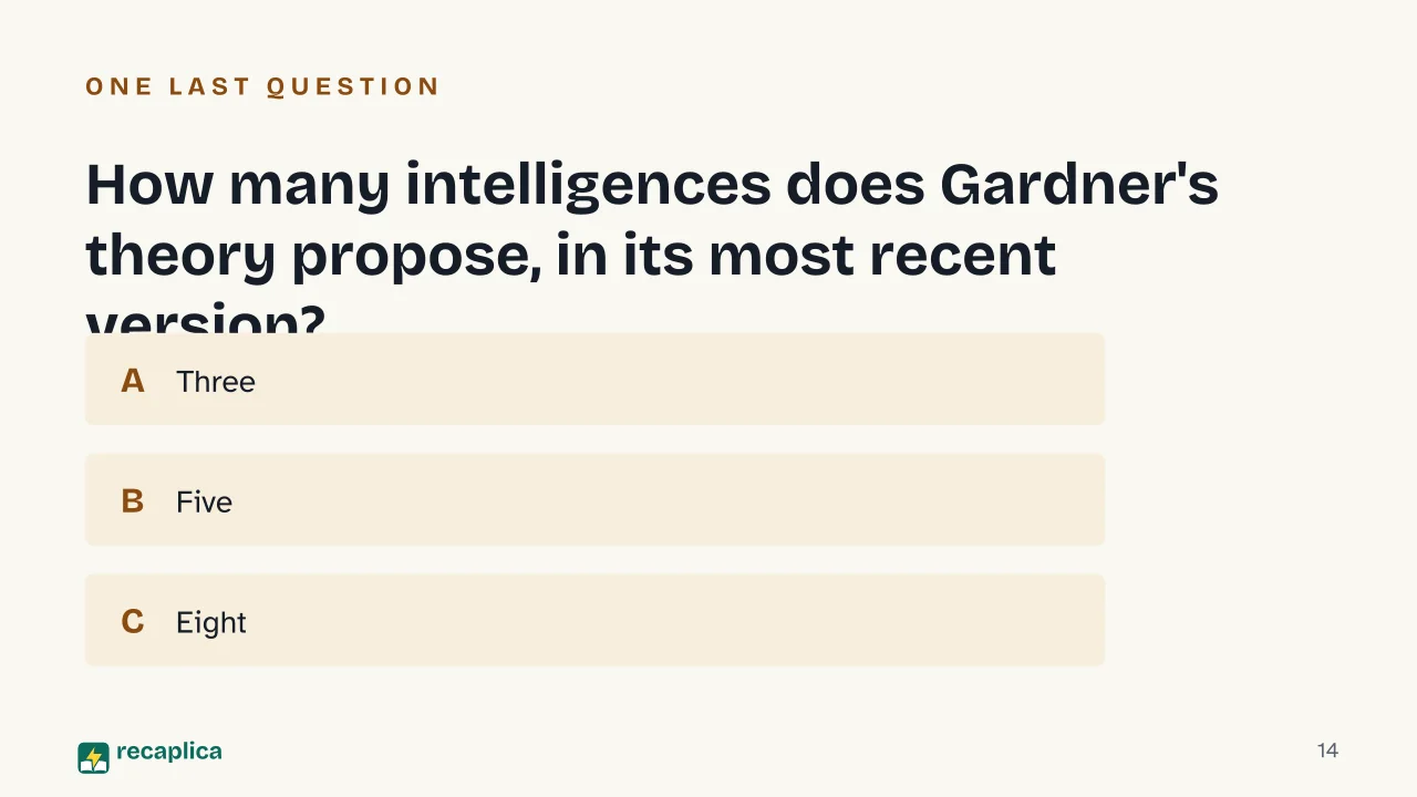 Slide 14 of the presentation on Intelligence: How many intelligences does Gardner's theory propose, in its most recent version?