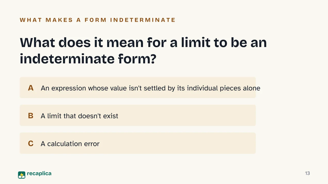 Slide 13 of the presentation on Indeterminate Forms: What does it mean for a limit to be an indeterminate form?