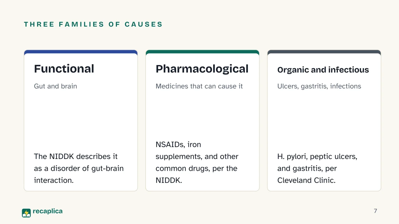 Slide 7 of the presentation on Indigestion Remedies: Three families of causes: Functional, Pharmacological, Organic and infectious