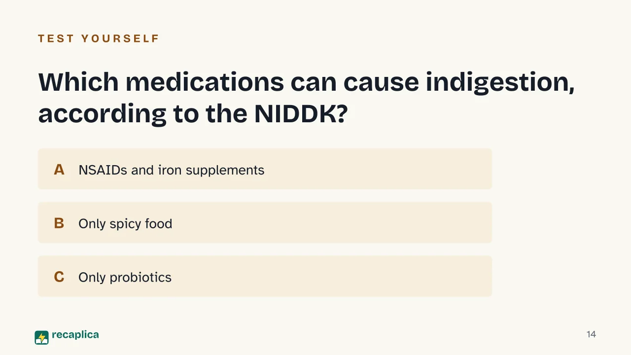 Slide 14 of the presentation on Indigestion Remedies: Which medications can cause indigestion, according to the NIDDK?