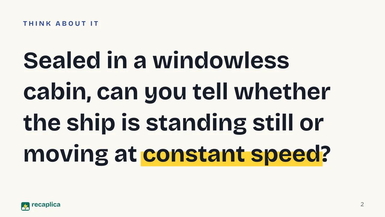 Slide 2 of the presentation on What Is an Inertial Reference Frame? Galileo's Principle of Relativity: Sealed in a windowless cabin, can you tell whether the ship is standing still or moving at constant speed?