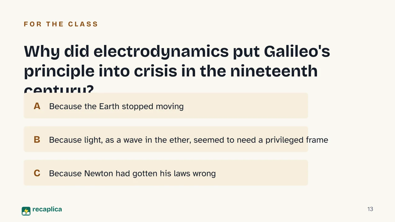 Slide 13 of the presentation on What Is an Inertial Reference Frame? Galileo's Principle of Relativity: Why did electrodynamics put Galileo's principle into crisis in the nineteenth century?