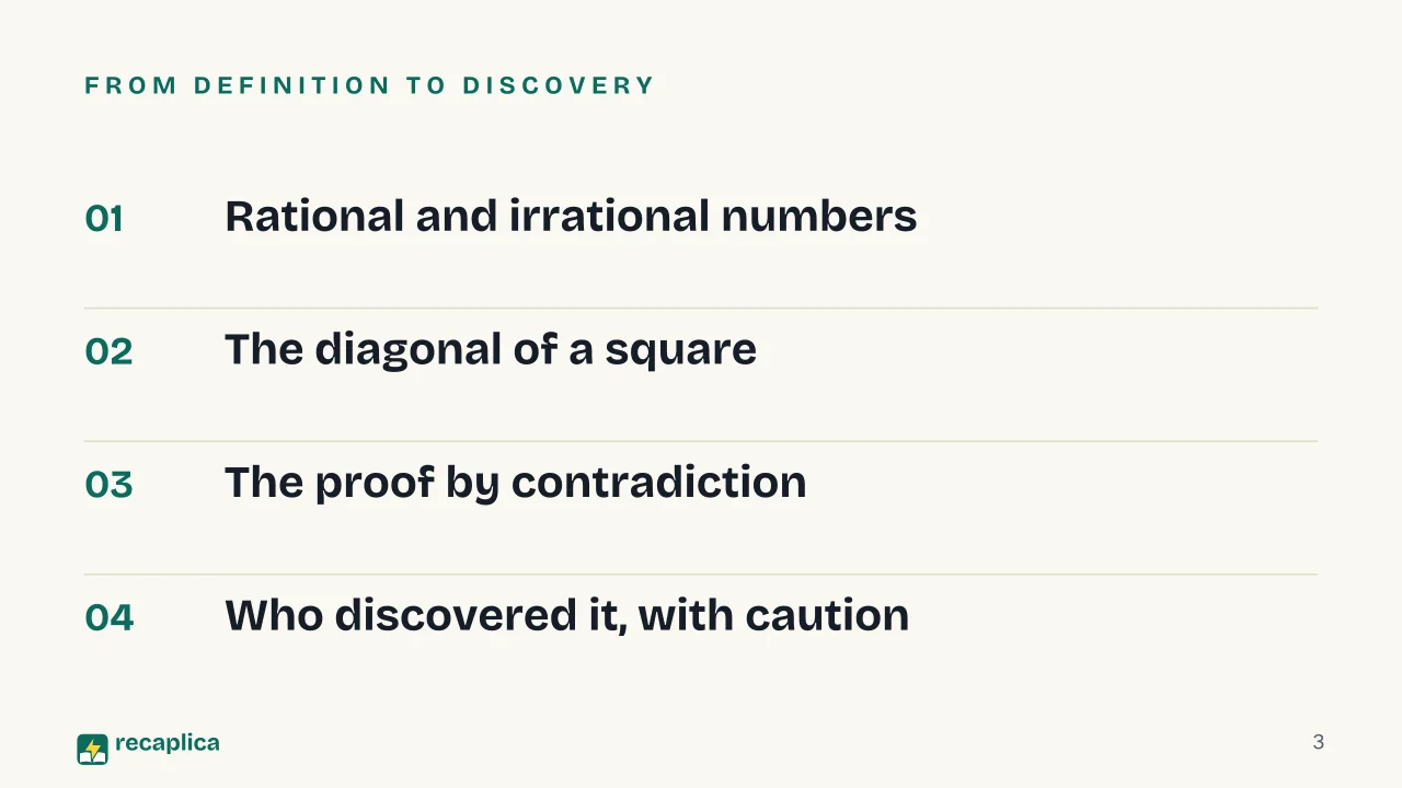 Slide 3 of the presentation on Irrational Numbers: From definition to discovery