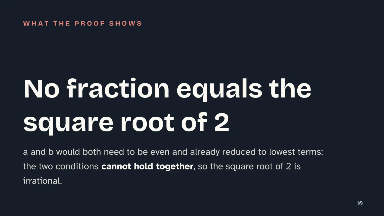 Slide 10 of the presentation on Irrational Numbers: No fraction equals the square root of 2