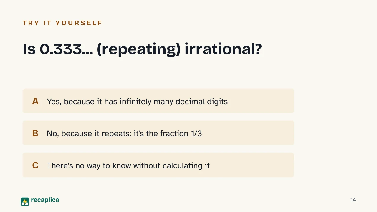 Slide 14 of the presentation on Irrational Numbers: Is 0.333... (repeating) irrational?