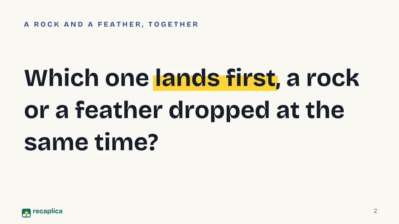 Slide 2 of the presentation on Kinematics: Which one lands first, a rock or a feather dropped at the same time?