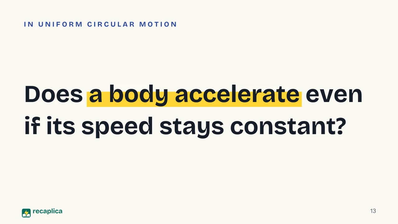 Slide 13 of the presentation on Kinematics: Does a body accelerate even if its speed stays constant?