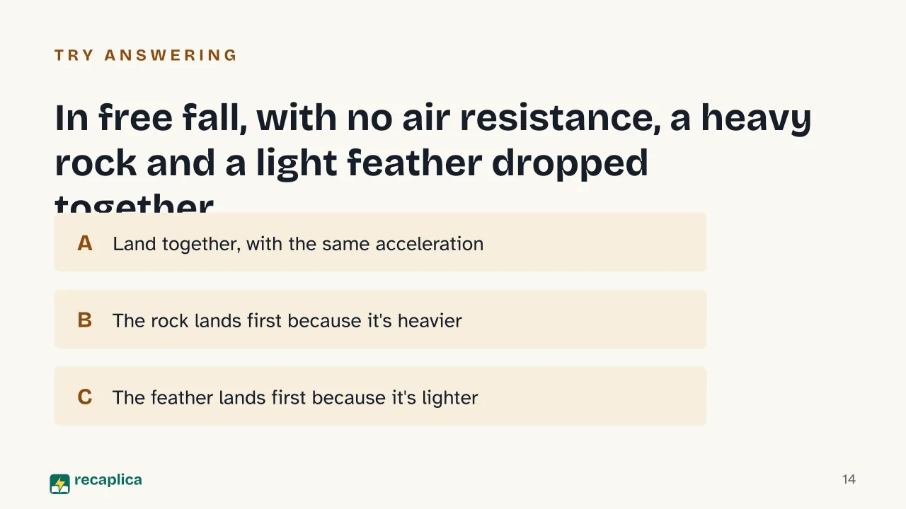 Slide 14 of the presentation on Kinematics: In free fall, with no air resistance, a heavy rock and a light feather dropped together...