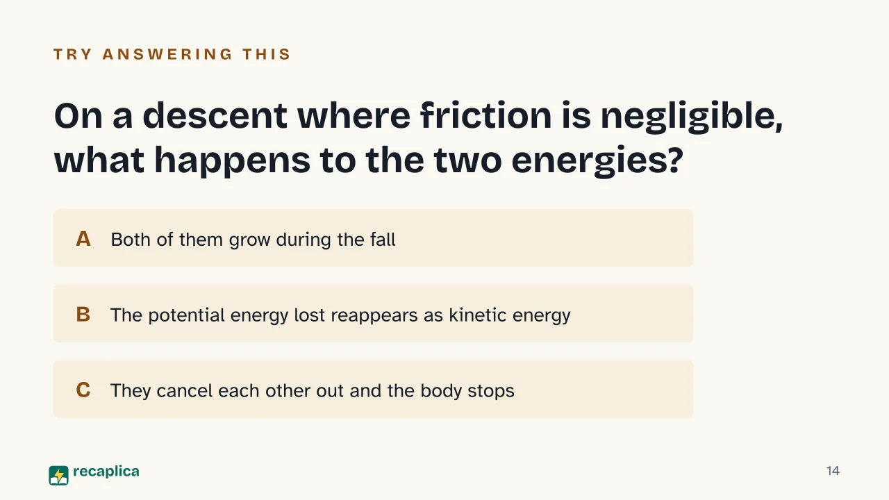 Slide 14 of the presentation on Kinetic and Potential Energy: On a descent where friction is negligible, what happens to the two energies?