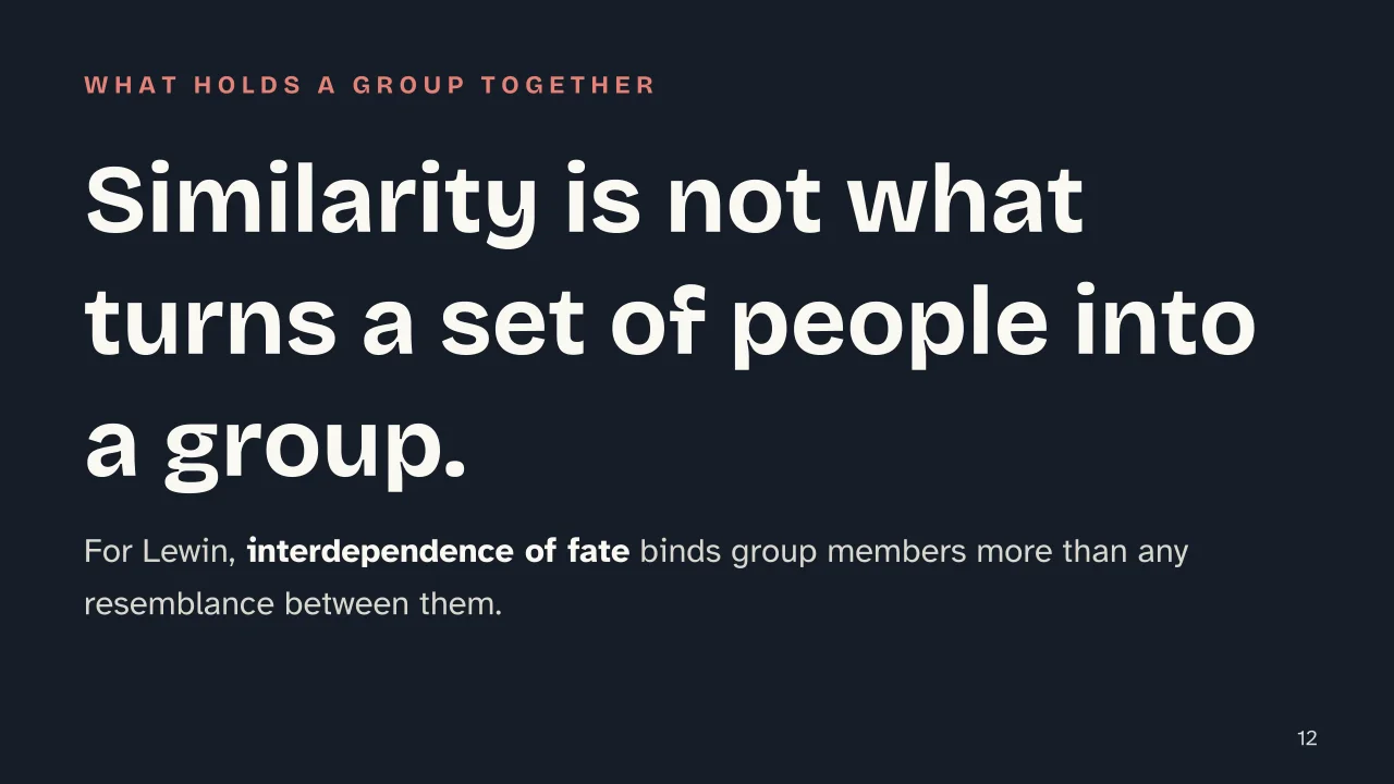 Slide 12 of the presentation on Kurt Lewin: Similarity is not what turns a set of people into a group.