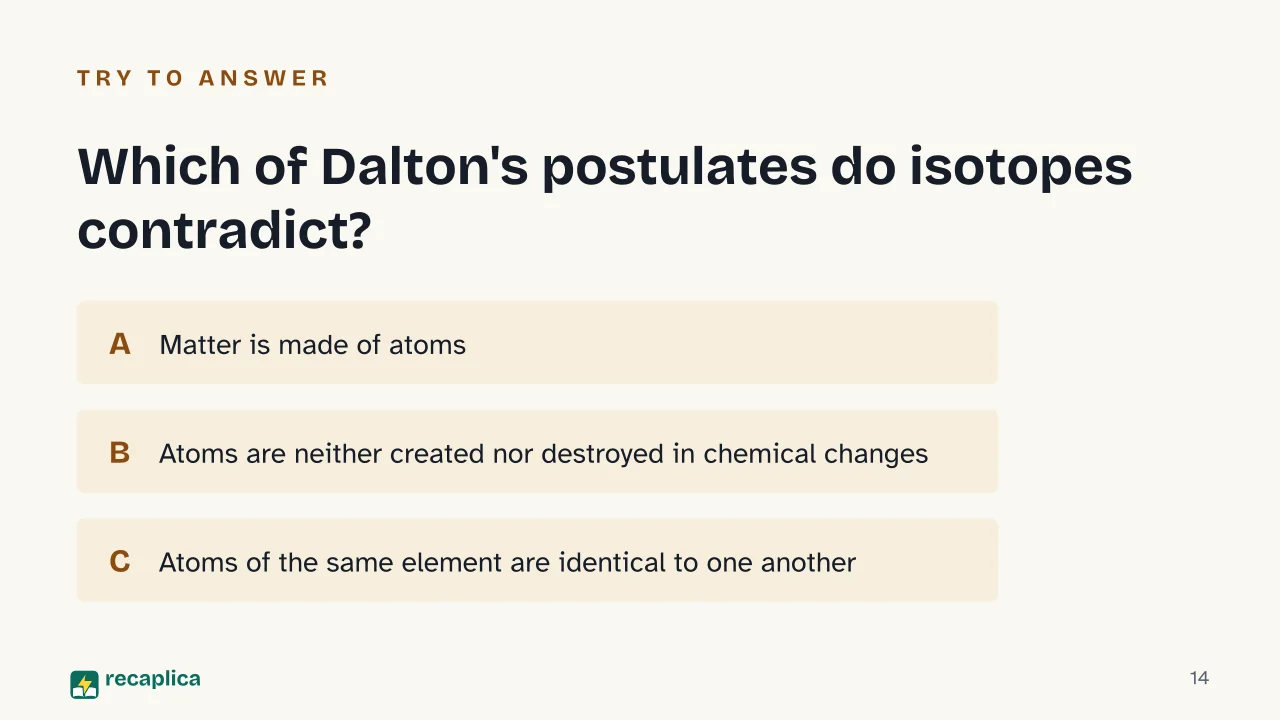 Slide 14 of the presentation on Law of Conservation of Mass, Definite Proportions and Dalton's Atomic Theory: Which of Dalton's postulates do isotopes contradict?