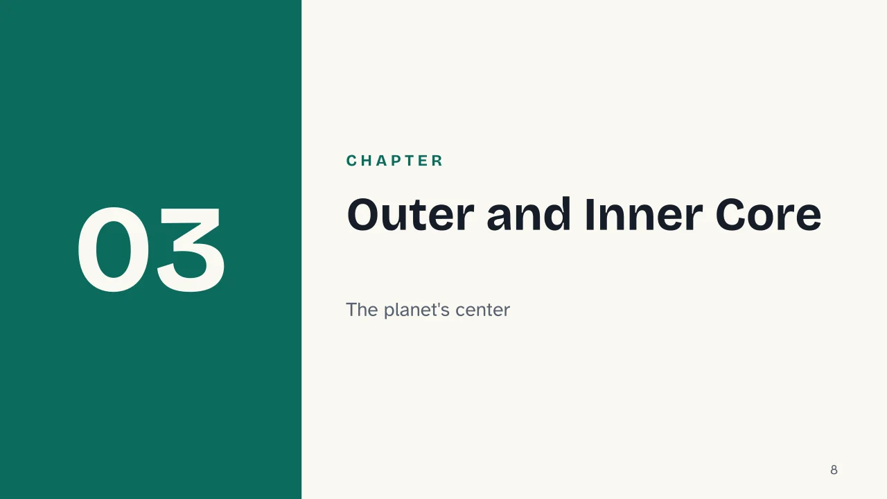 Slide 8 of the presentation on Layers of the Earth: Chapter 03: Outer and Inner Core