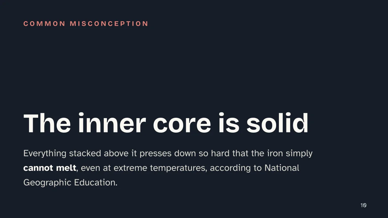 Slide 10 of the presentation on Layers of the Earth: The inner core is solid