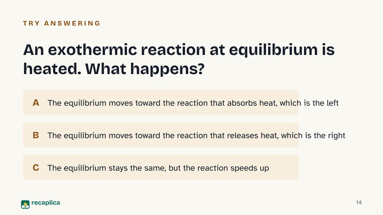 Slide 14 of the presentation on Le Chatelier's Principle: An exothermic reaction at equilibrium is heated. What happens?