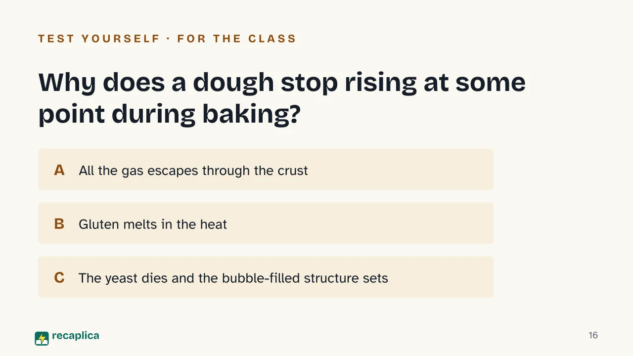 Slide 16 of the presentation on Leavening: Why does a dough stop rising at some point during baking?