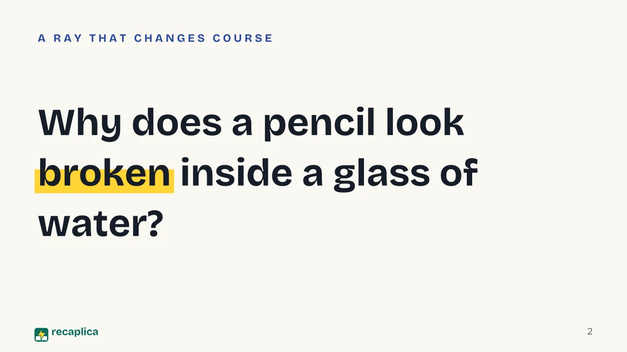 Slide 2 of the presentation on Light Refraction: Why does a pencil look broken inside a glass of water?