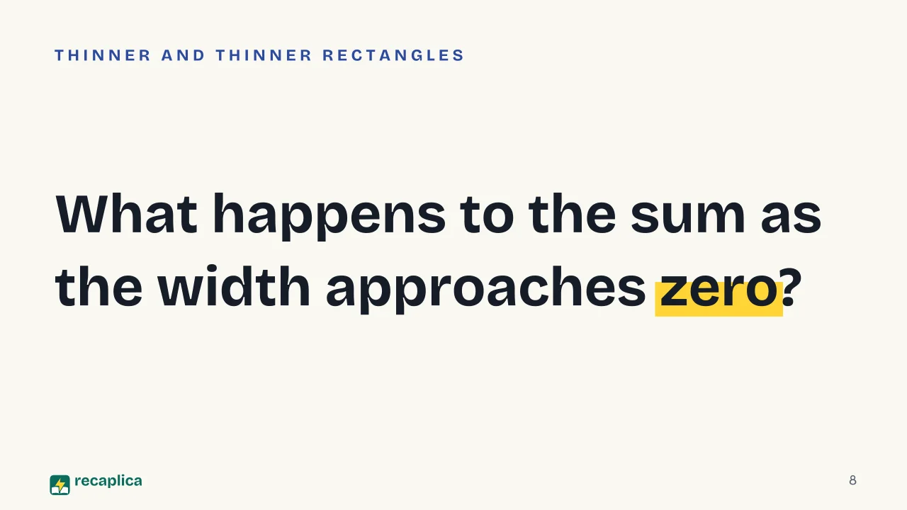 Slide 8 of the presentation on Integrals: What happens to the sum as the width approaches zero?
