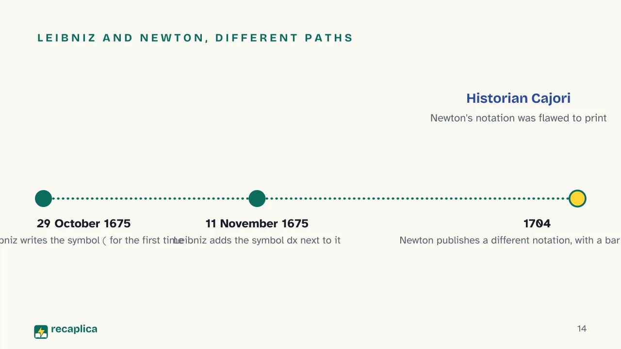 Slide 14 of the presentation on Integrals: Leibniz and Newton, different paths