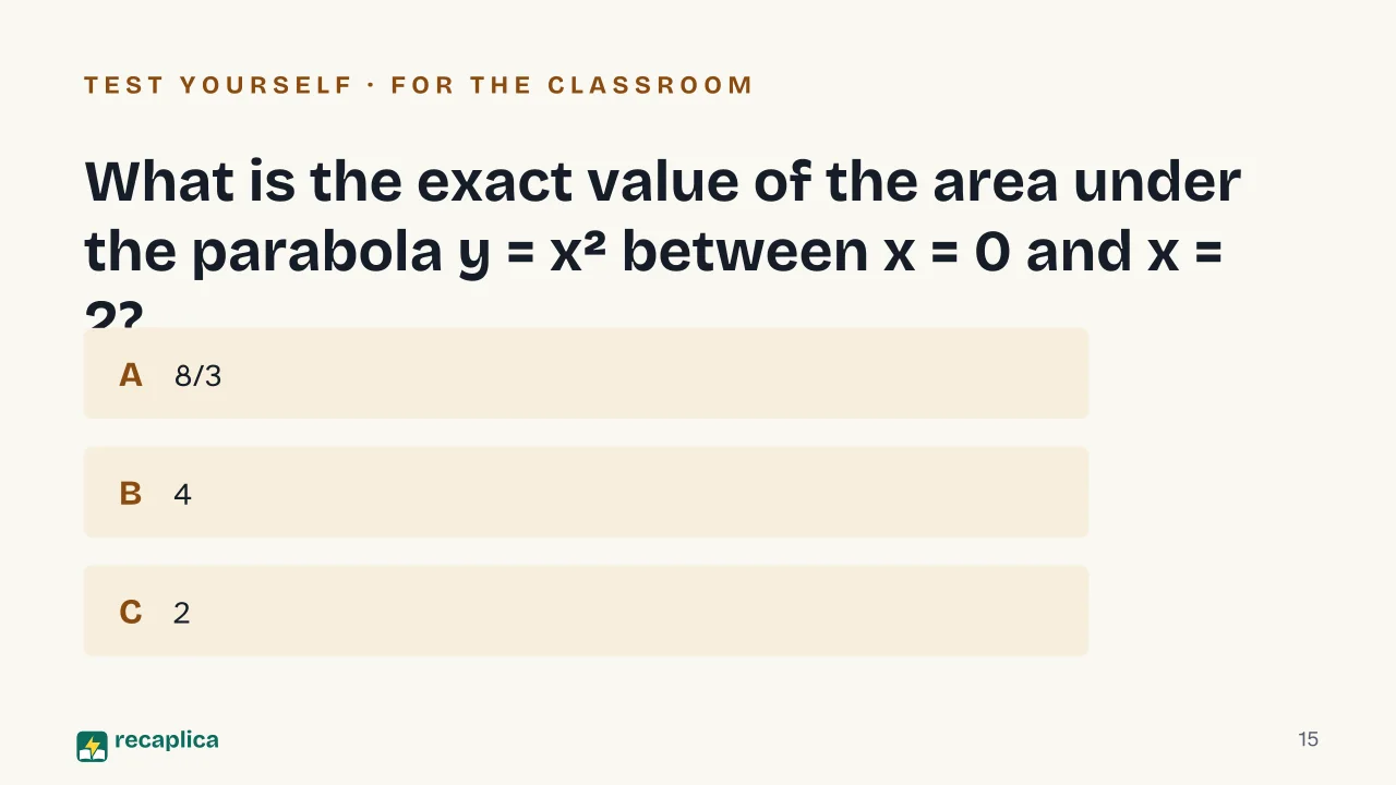 Slide 15 of the presentation on Integrals: What is the exact value of the area under the parabola y = x² between x = 0 and x = 2?