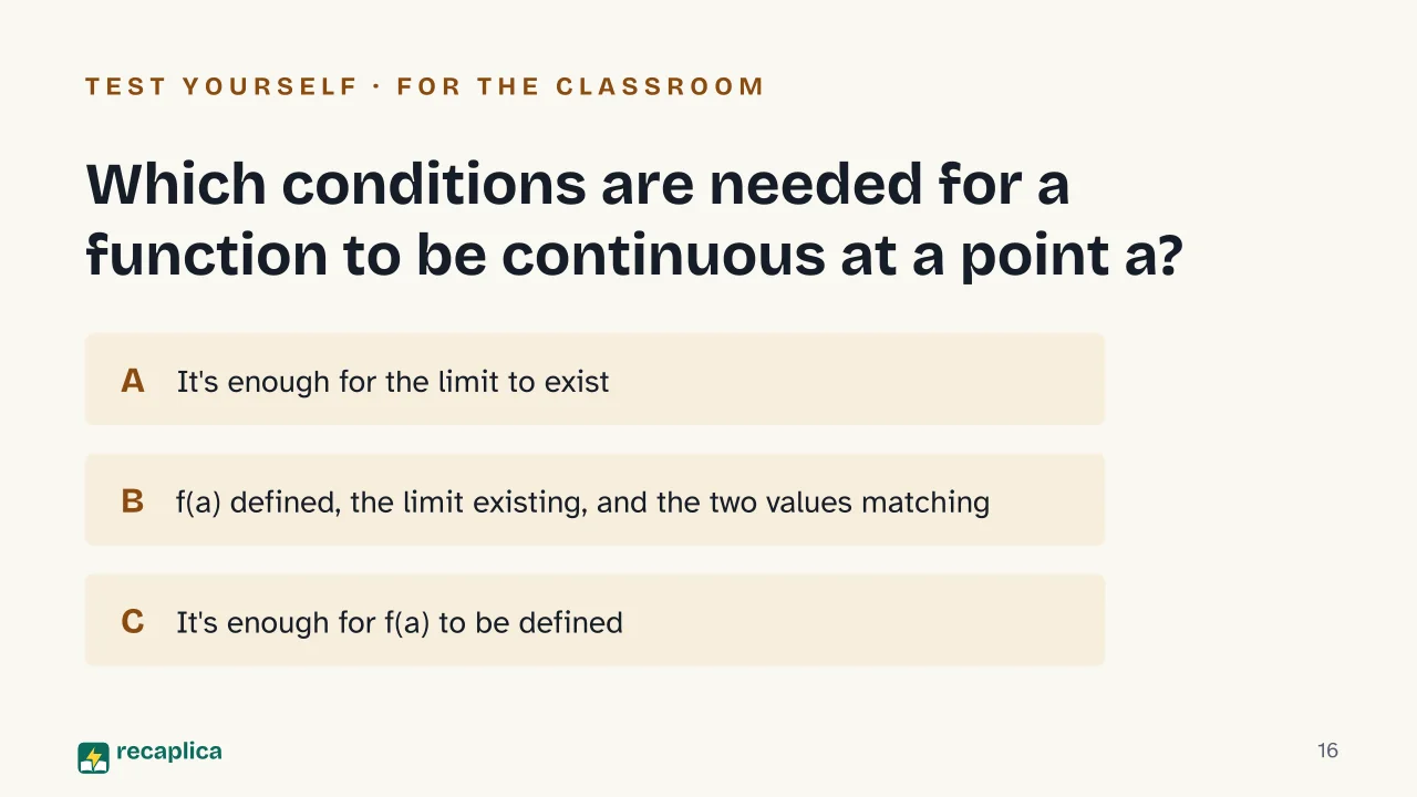 Slide 16 of the presentation on Mathematical Limit: Which conditions are needed for a function to be continuous at a point a?