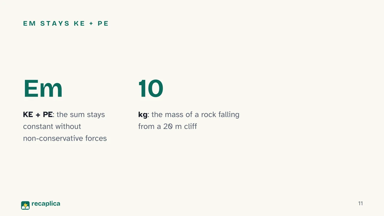 Slide 11 of the presentation on Mechanical Energy: Em stays KE + PE