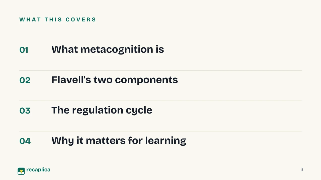 Slide 3 of the presentation on Metacognition: What this covers