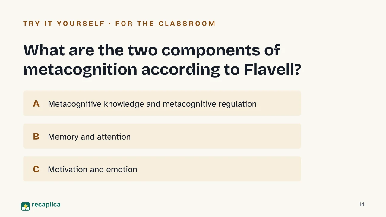 Slide 14 of the presentation on Metacognition: What are the two components of metacognition according to Flavell?
