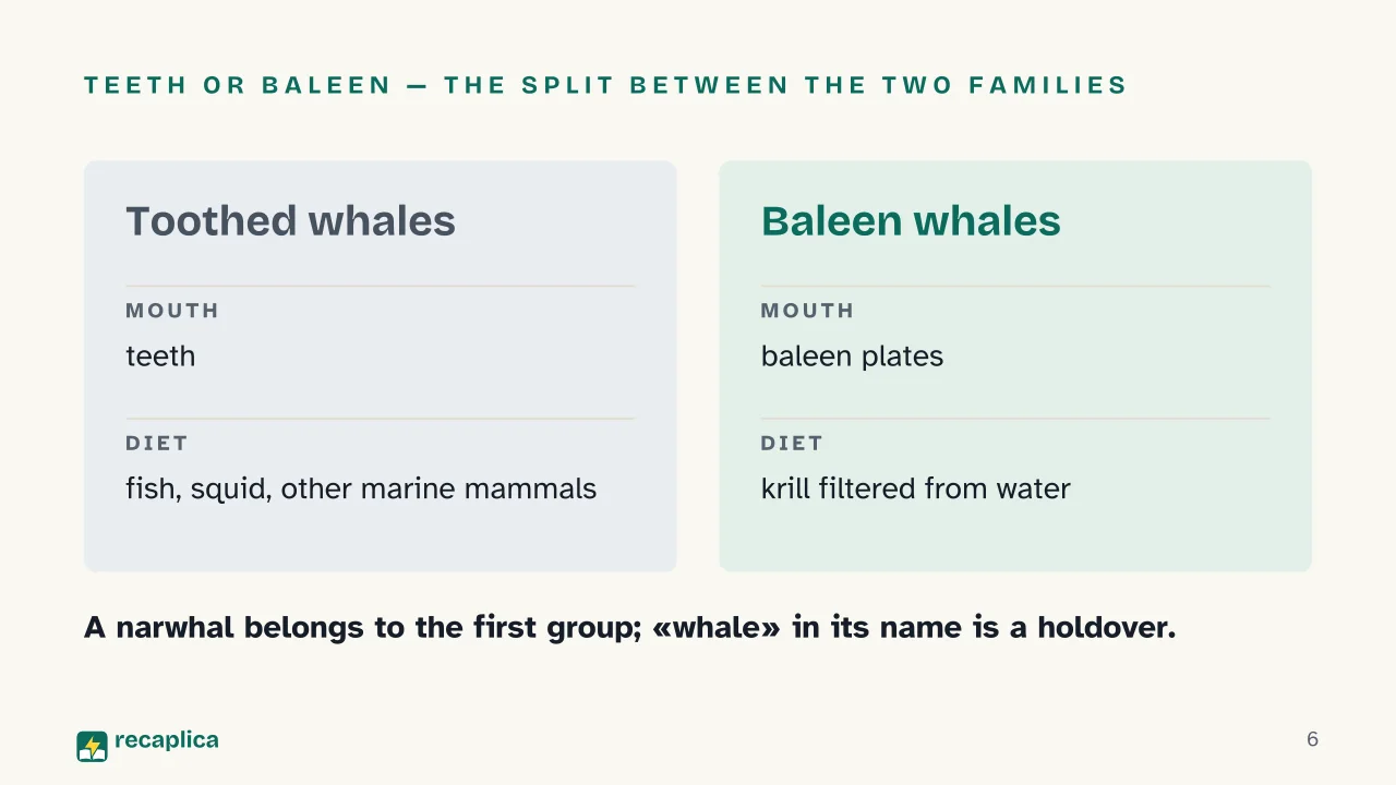Slide 6 of the presentation on What Is a Narwhal? The Truth Behind the Arctic «Unicorn of the Sea»: Teeth or baleen — the split between the two families