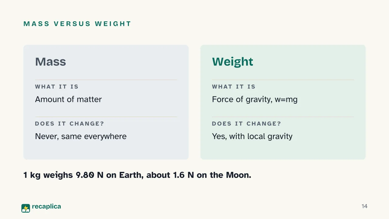 Slide 14 of the presentation on Newton's Three Laws of Motion: Mass versus weight