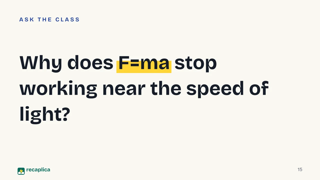 Slide 15 of the presentation on Newton's Three Laws of Motion: Why does F=ma stop working near the speed of light?