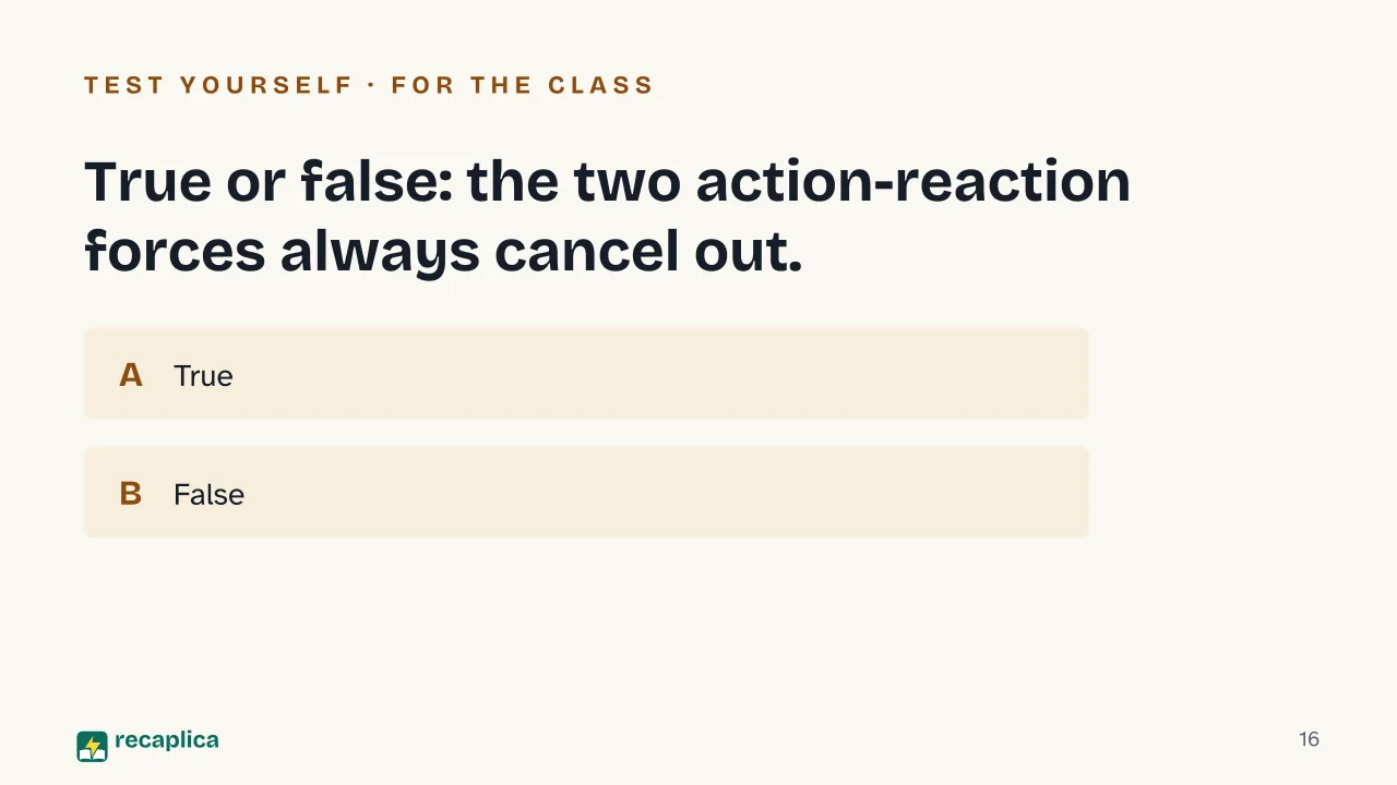 Slide 16 of the presentation on Newton's Three Laws of Motion: True or false: the two action-reaction forces always cancel out.
