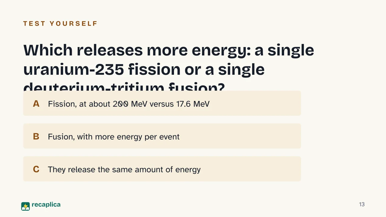 Slide 13 of the presentation on Nuclear Fission and Fusion: Which releases more energy: a single uranium-235 fission or a single deuterium-tritium fusion?