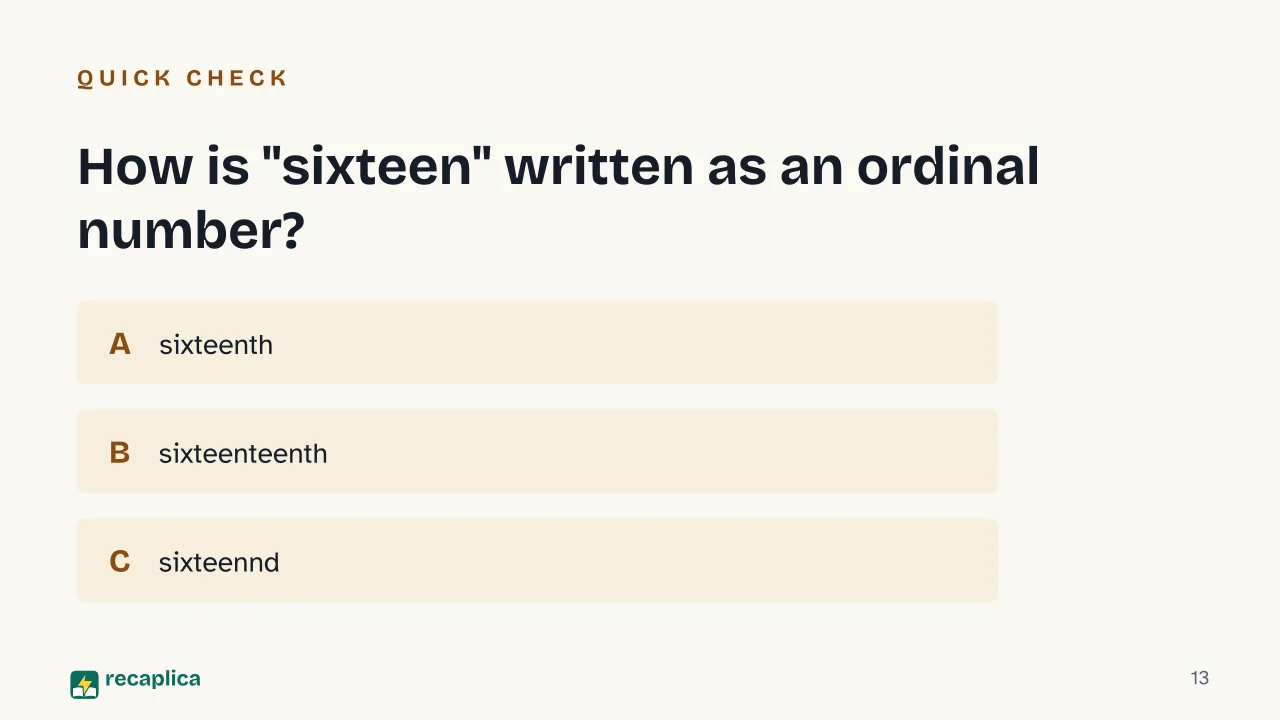 Slide 13 of the presentation on Ordinal Numbers: How is "sixteen" written as an ordinal number?
