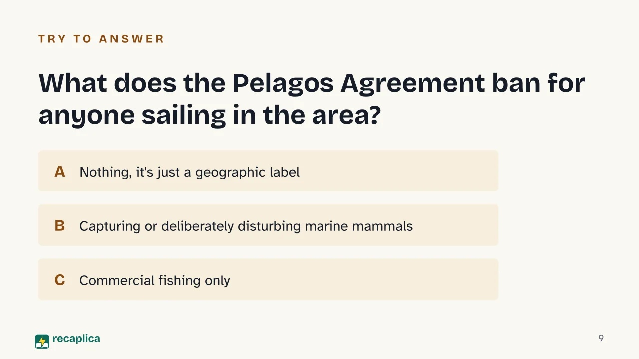 Slide 9 of the presentation on Pelagos Sanctuary: What does the Pelagos Agreement ban for anyone sailing in the area?