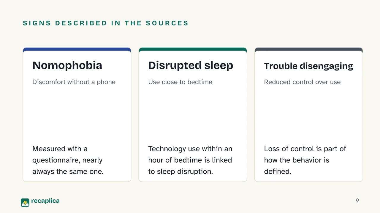Slide 9 of the presentation on Phone Addiction: Signs described in the sources: Nomophobia, Disrupted sleep, Trouble disengaging