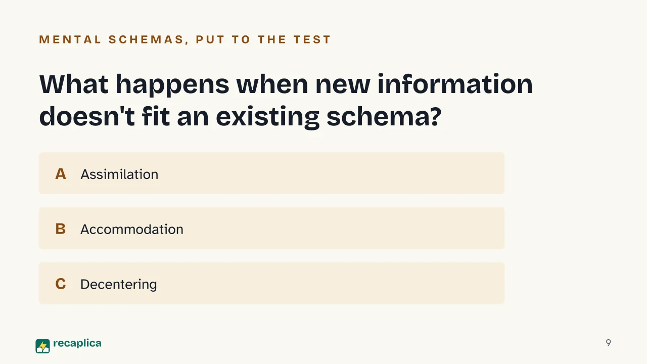 Slide 9 of the presentation on Piaget's Stages of Cognitive Development: What happens when new information doesn't fit an existing schema?