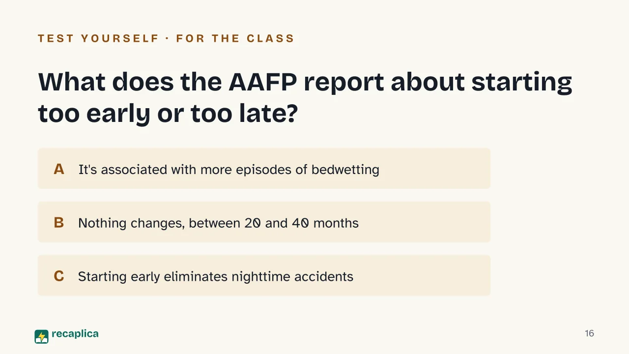 Slide 16 of the presentation on Potty Training: What does the AAFP report about starting too early or too late?