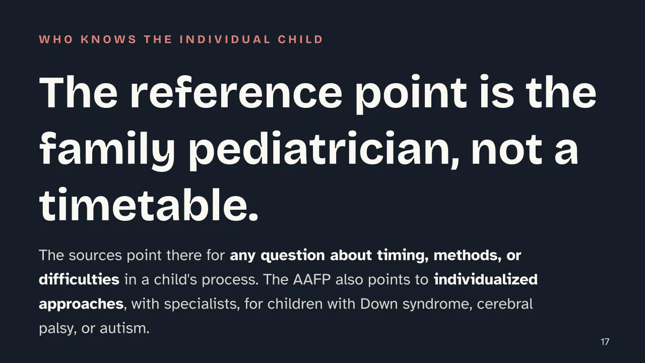 Slide 17 of the presentation on Potty Training: The reference point is the family pediatrician, not a timetable.