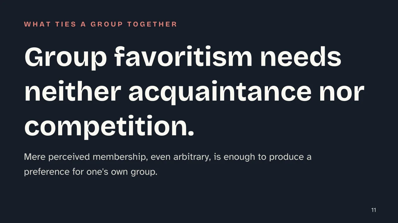 Slide 11 of the presentation on Prejudice: Group favoritism needs neither acquaintance nor competition.