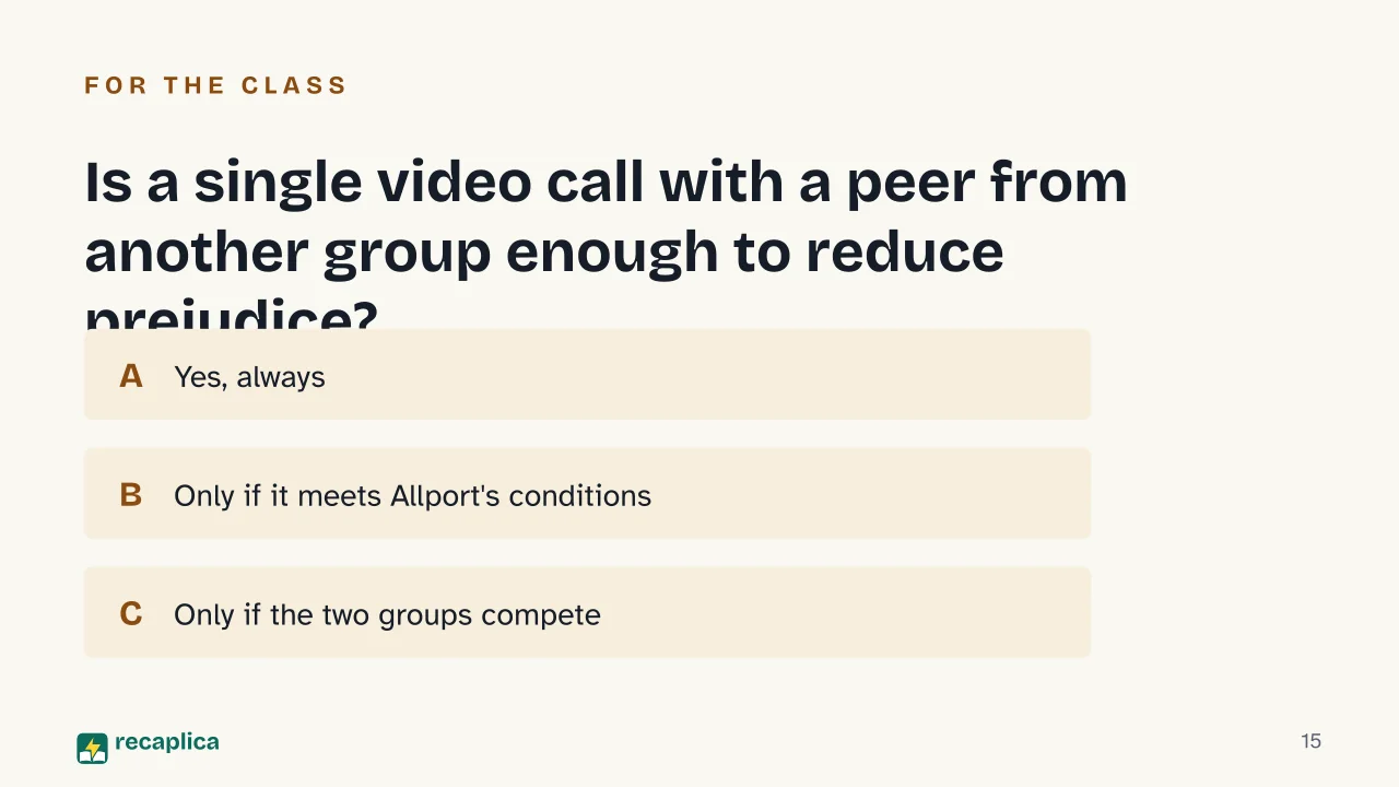 Slide 15 of the presentation on Prejudice: Is a single video call with a peer from another group enough to reduce prejudice?