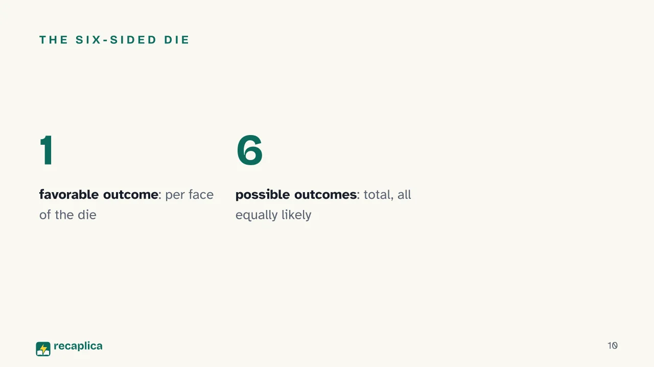 Slide 10 of the presentation on Probability and Statistics: The six-sided die