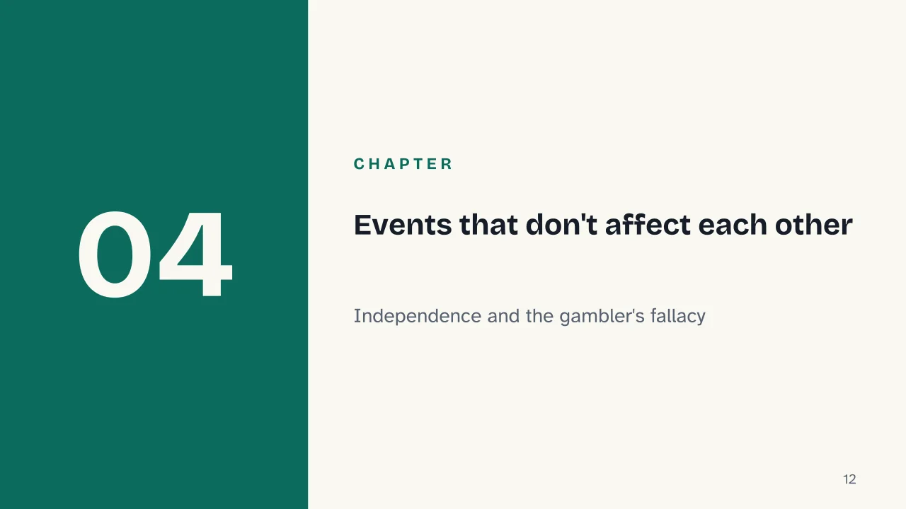 Slide 12 of the presentation on Probability and Statistics: Chapter 04: Events that don't affect each other
