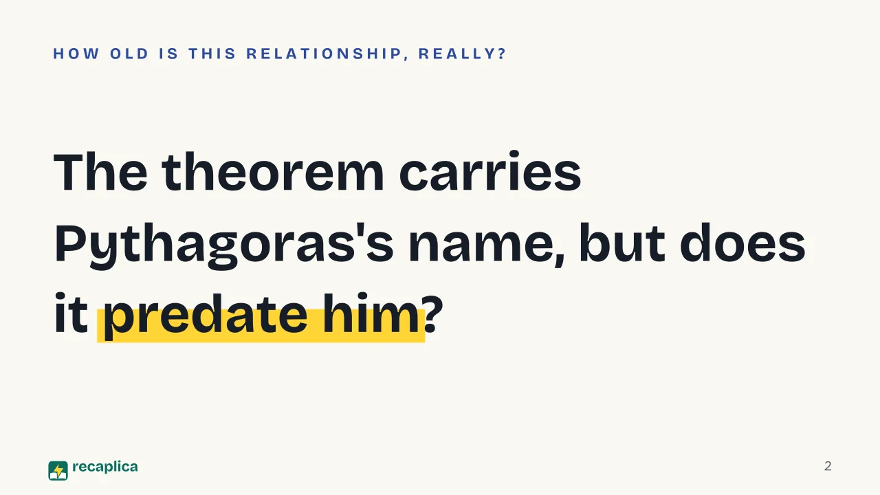 Slide 2 of the presentation on Pythagorean Theorem: The theorem carries Pythagoras's name, but does it predate him?