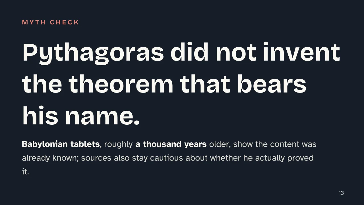 Slide 13 of the presentation on Pythagorean Theorem: Pythagoras did not invent the theorem that bears his name.