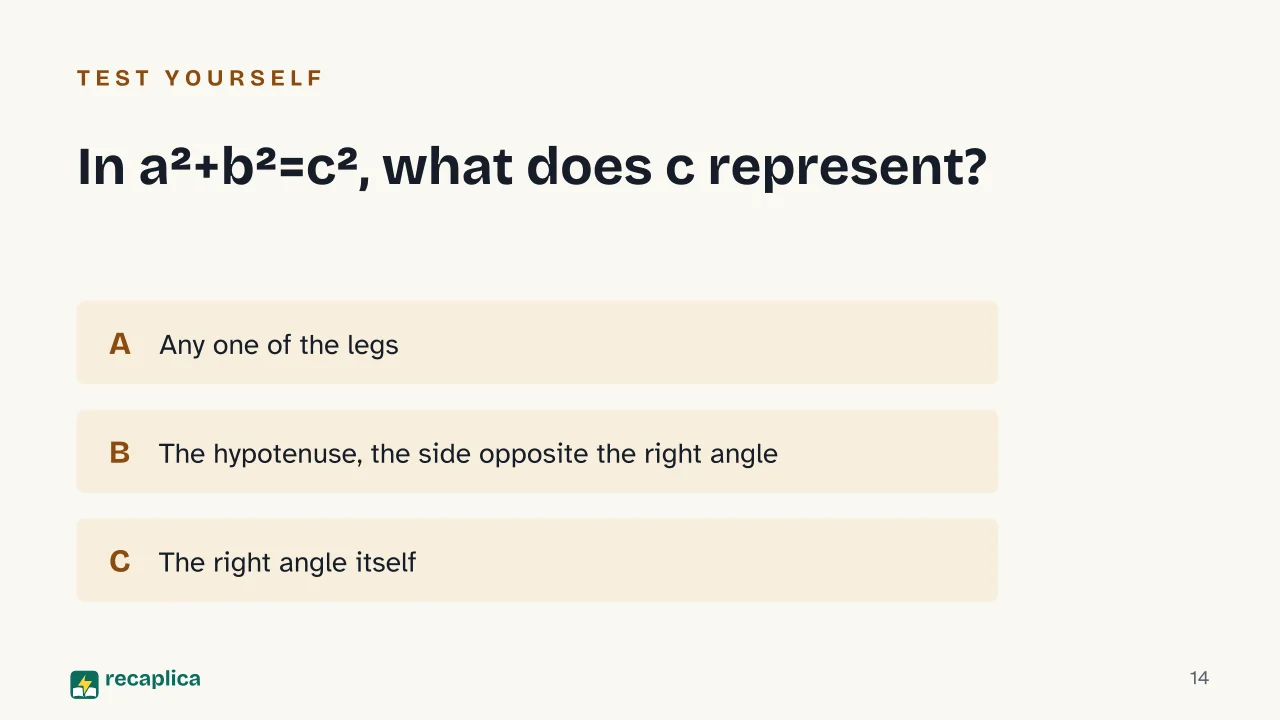 Slide 14 of the presentation on Pythagorean Theorem: In a²+b²=c², what does c represent?