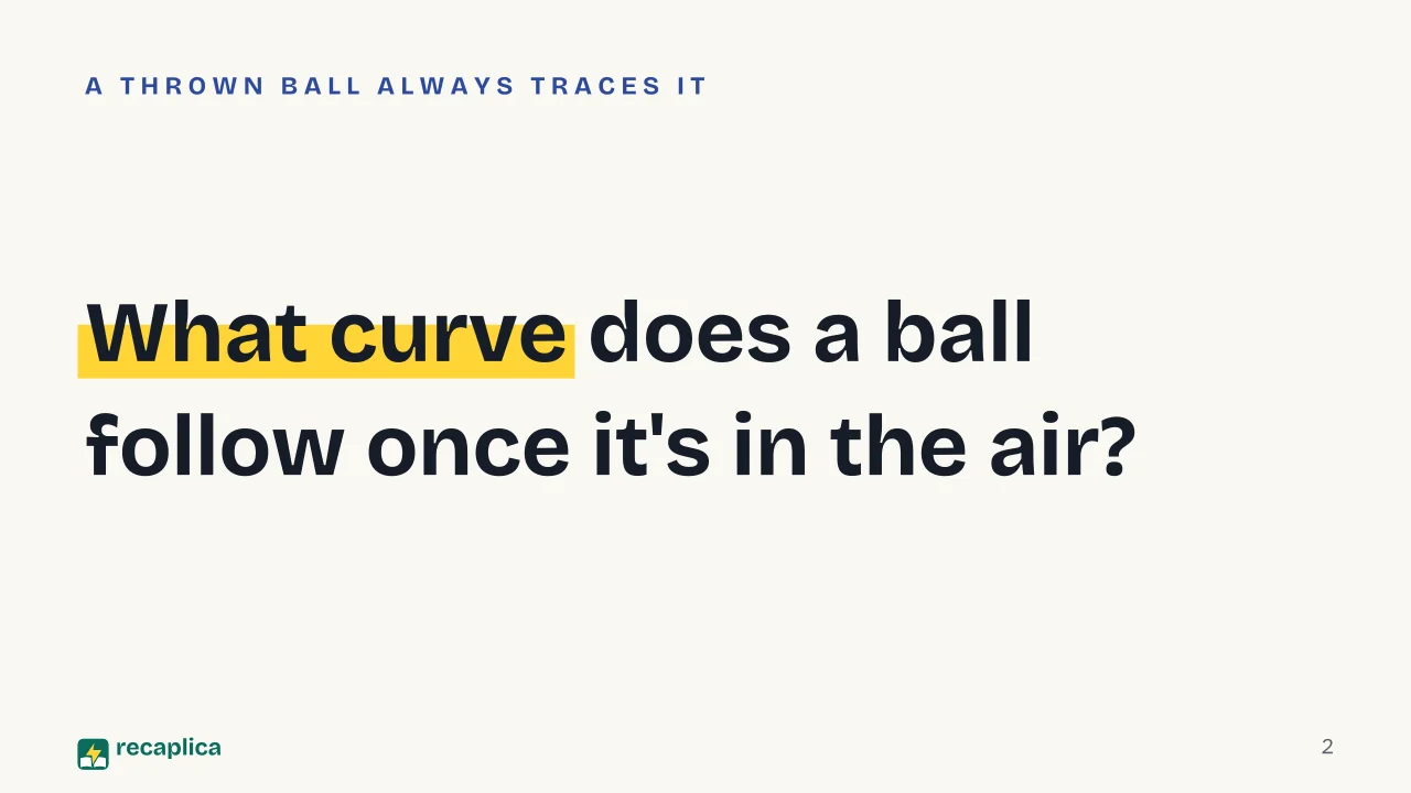 Slide 2 of the presentation on Quadratic Equation: What curve does a ball follow once it's in the air?