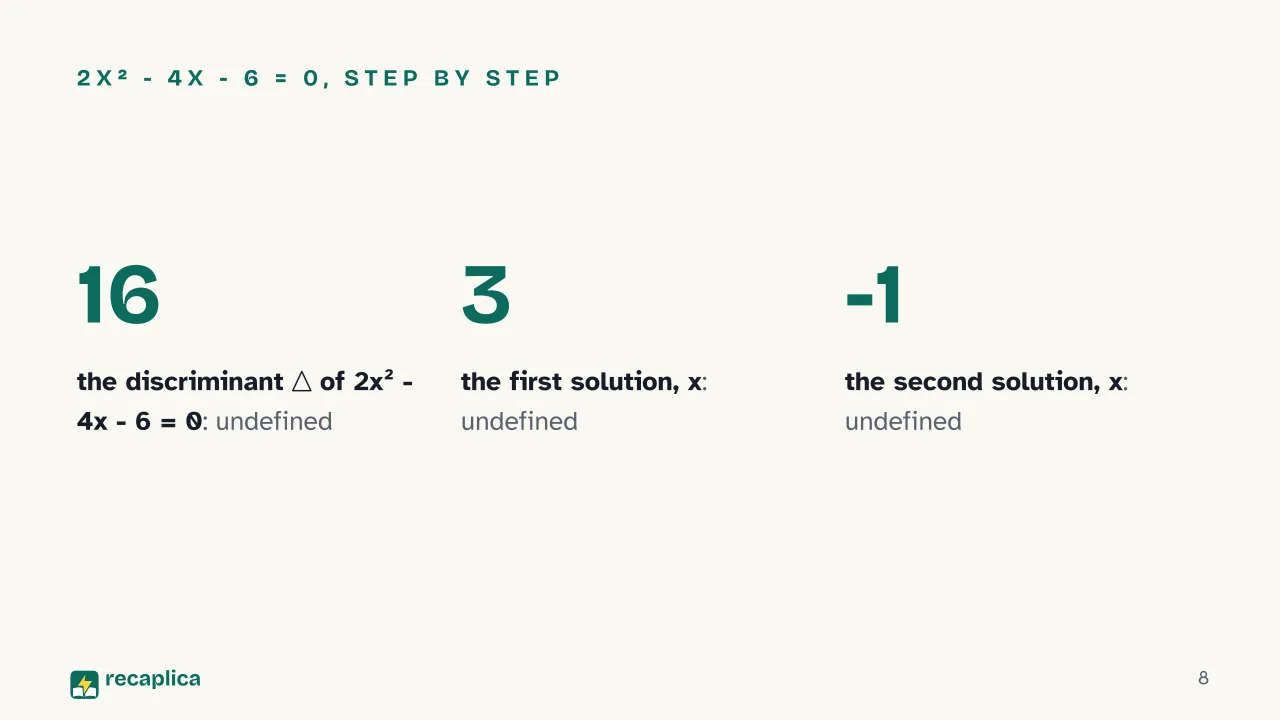 Slide 8 of the presentation on Quadratic Equation: 2x² - 4x - 6 = 0, step by step
