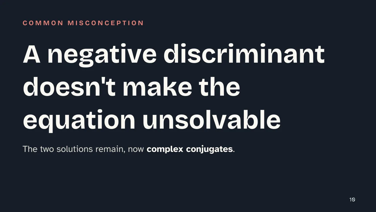 Slide 10 of the presentation on Quadratic Equation: A negative discriminant doesn't make the equation unsolvable